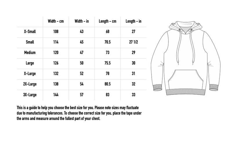 Size chart for Flaming Hoodie - Black